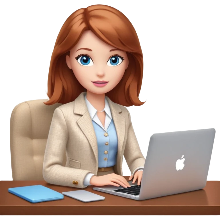 A Barbie girl with blue eyes, shoulder-length reddish-brown hair, made-up, wearing a white tweed jacket and beige skirt, is sitting at a with a MacBook emoji