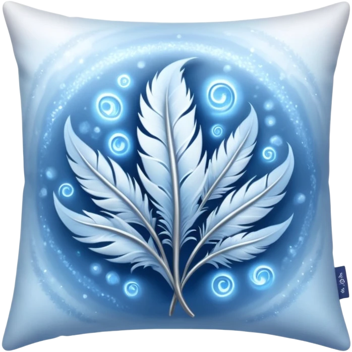 enchanted pillow radiating cool silver and blue light, misty swirls and sparkling feathers, frost aura and magical energy supporting peaceful dreamy sleep, symbolizing pain relief and comfort emoji