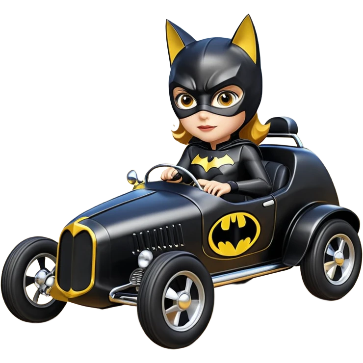 Hot racing action BatGirl’s sixty’s tv show 1932 stealth retro cat burglar sporty petite off-road pursuit mobile cruiser car (reclined and relaxed seating position and attitude) emoji