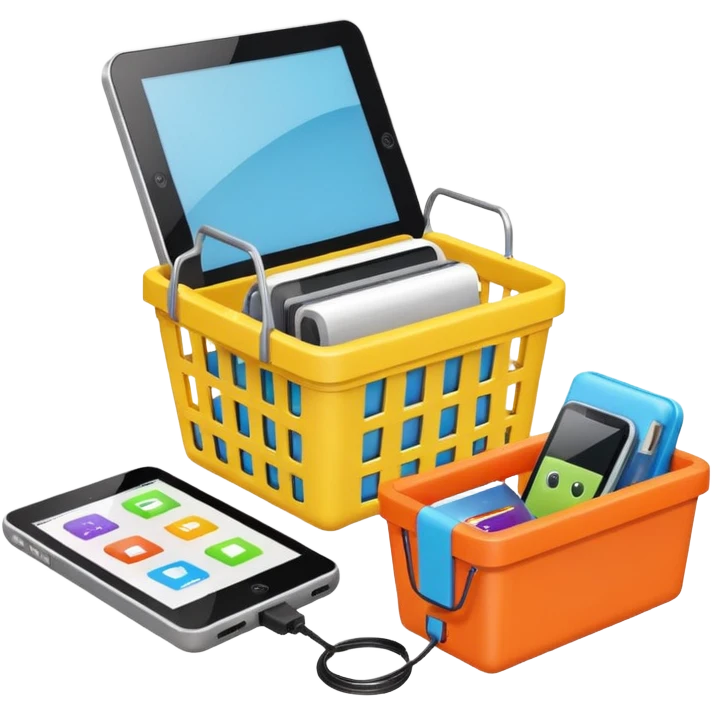 shopping basket containing a robot toy, e-reader, and portable charger emoji emoji