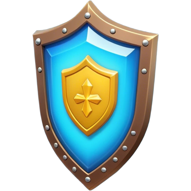Clash of Clans aesthetic: Cinematic Playful 3D Isometric Shield Emoji, rendered in a 3D vector-style similar to standard emojis with minimal shading and bold, simplified shapes. A compact, distinct form with signature details, softly glowing with a fantasy RPG magic charm. Simplified yet unmistakably iconic, highly detailed and consistent, glowing with a soft radiance and high shine. Stylized with a touch of heroic grandeur and a soft glowing outline, capturing the essence of a beloved gaming relic with a friendly, playful manner! emoji