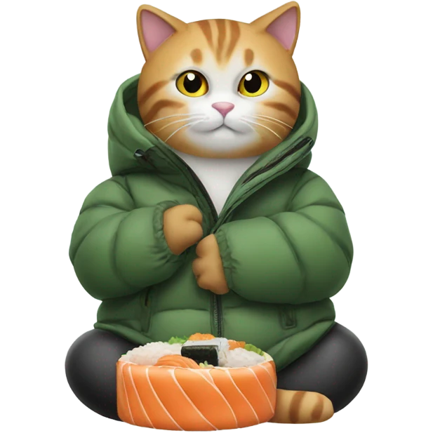 cat in a big puffy jacket eating sushi emoji
