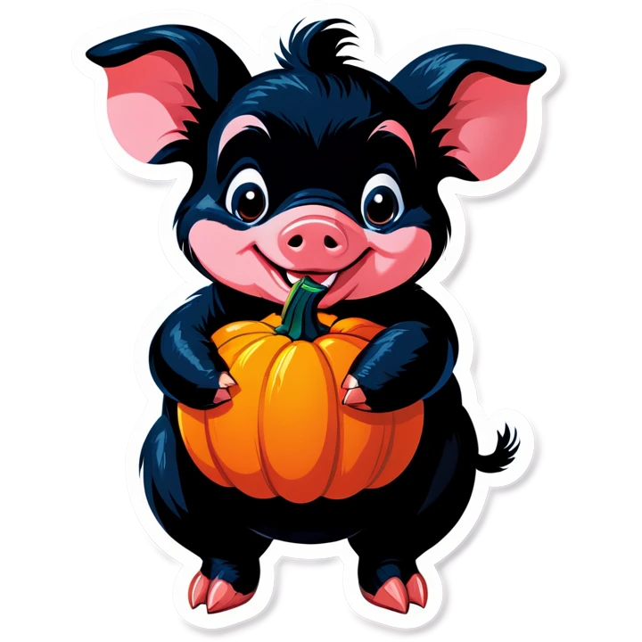 A black piglet holding 4 pumpkins with “luck x4” written on it. emoji