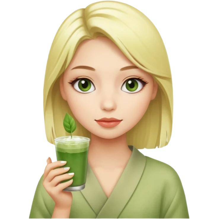 Blond girl with makeup on holding cold matcha emoji
