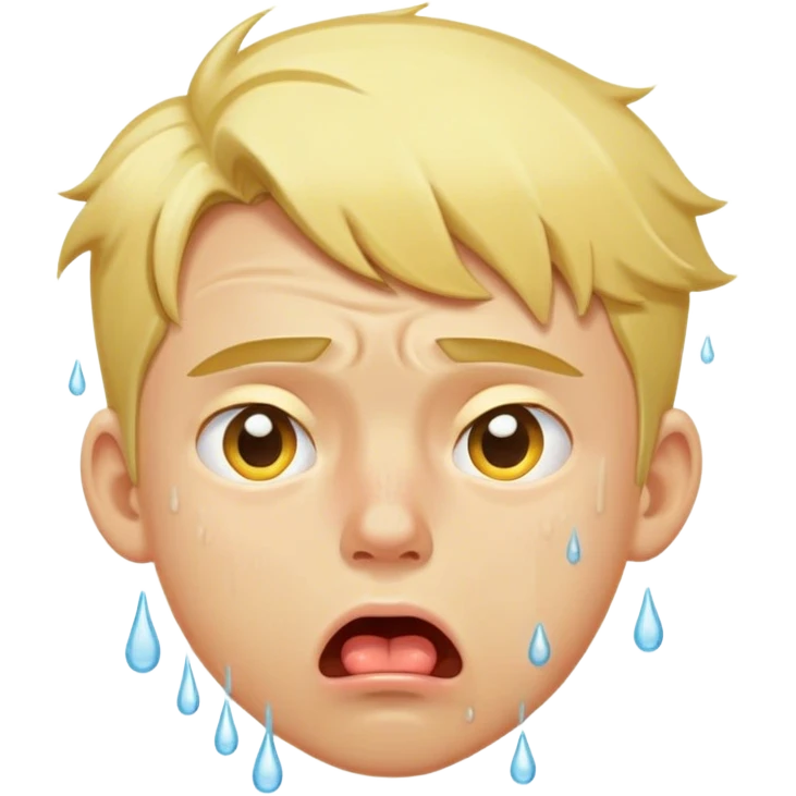 The image depicts a young man with yellow-toned skin and blond hair. His face looks extremely exhausted, with his tongue sticking out and large sweat drops running down his forehead and cheeks. His expression and posture convey intense heat and discomfort. emoji