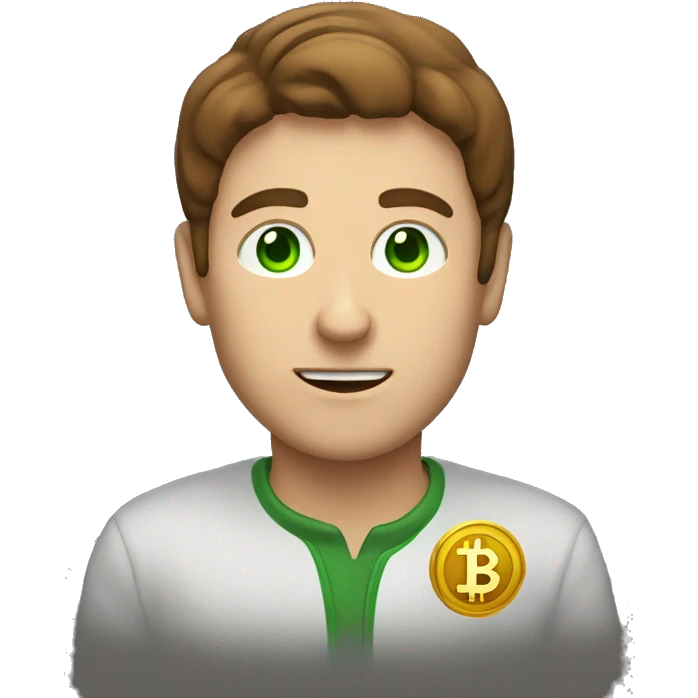 A man with green eyes, brown hair, holding bitcoin emoji