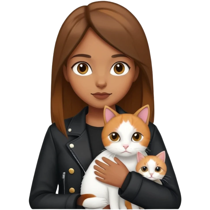 Brown straight-haired girl wearing black jacket with white cat and calico cat emoji