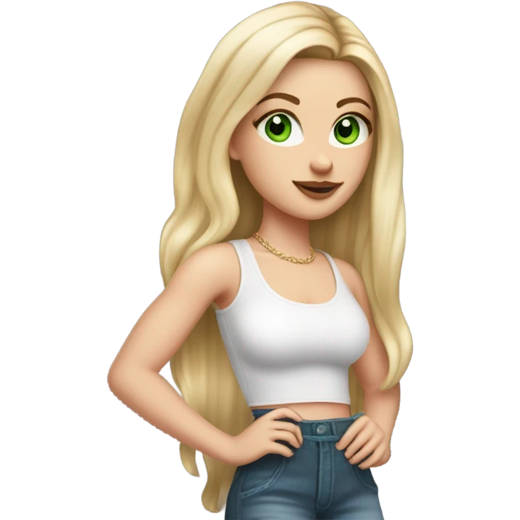 Realistic White girl with Long straight blonde hair, green eyes, tattoos, full body wearing white crop top, holding pink iphone emoji