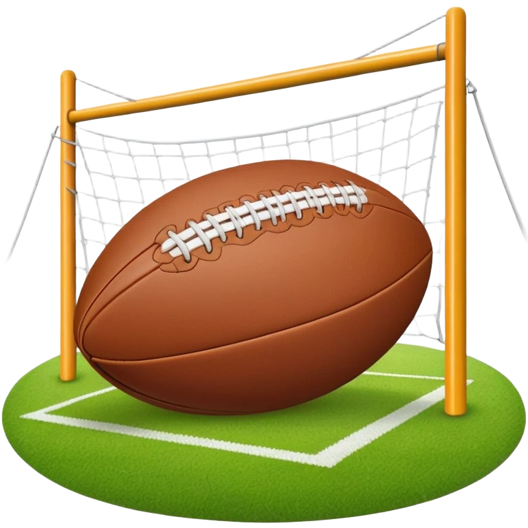 A rugby ball resting on a grassy field, with goalposts in the background. The scene captures the essence of the sport, with the field clearly marked and ready for a game, highlighting the intensity and teamwork of rugby. emoji