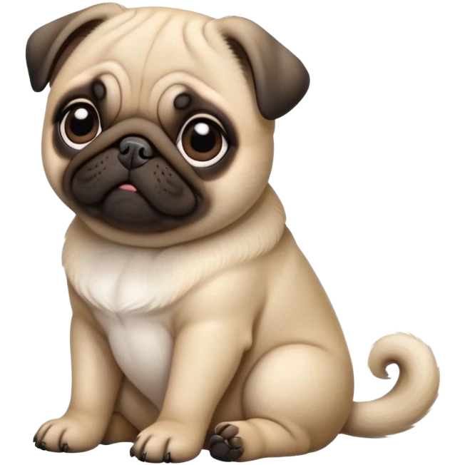 detailed-[cute pug]-realistic-full-body-sitting-emoji,-tail-resting-loosely-beside-its-paws,-head-tilted-dramatically, -sleek-fur,-simplified-yet-realistic-focused-features,-highly-detailed,-glowing-with-an-almost-sarcastic-glow emoji