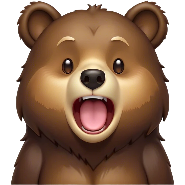 Cinematic Cute Yawning Bear Portrait Emoji, Head tilted slightly with a dramatic, wide-open yawn, showcasing a soft, plush dark brown fur with drooping ears, round eyes barely open in drowsy contentment, Simplified yet irresistibly adorable features, highly detailed, glowing with a soft, cozy glow, high shine, relaxed yet expressive, stylized with a touch of woodland charm, bright and endearing, soft glowing outline, capturing the essence of a sleepy yet affectionate bear, so drowsy it feels like it could lumber out of the screen and curl up for a nap! emoji
