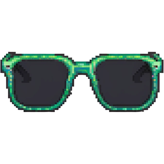 Y2K style pixelated sunglasses with reflective lenses, chrome frames, digital millennium aesthetic emoji