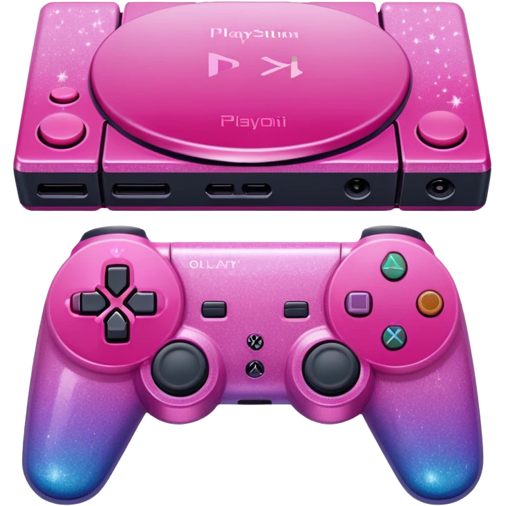 Pink ombre PlayStation console with glitter emoji