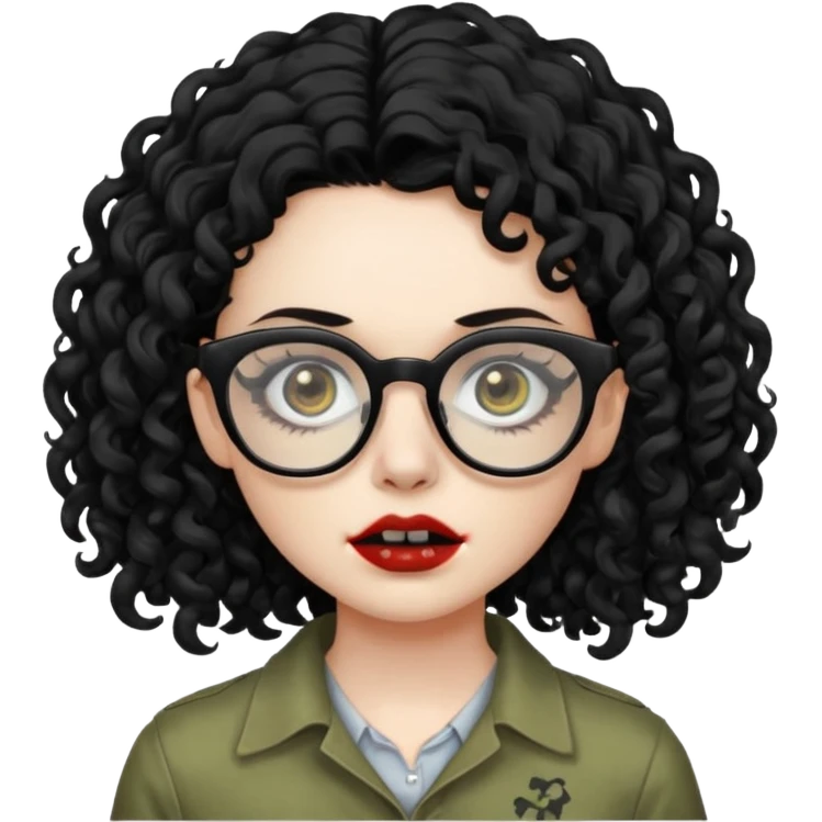 Faz uma zombie feminina de cabelo preto cacheado bonito e óculos de grau preto  emoji