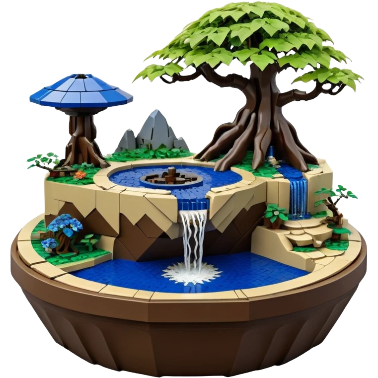 Alien saucer jungle-vines Lego fountain mountain-island landscape antique mudman very old broken cracked intricate Stone Age lapis-crusted irregular dodecagon-shaped shallow dark moss rough bark blue serissa flowered maple tree bonsai pot emoji