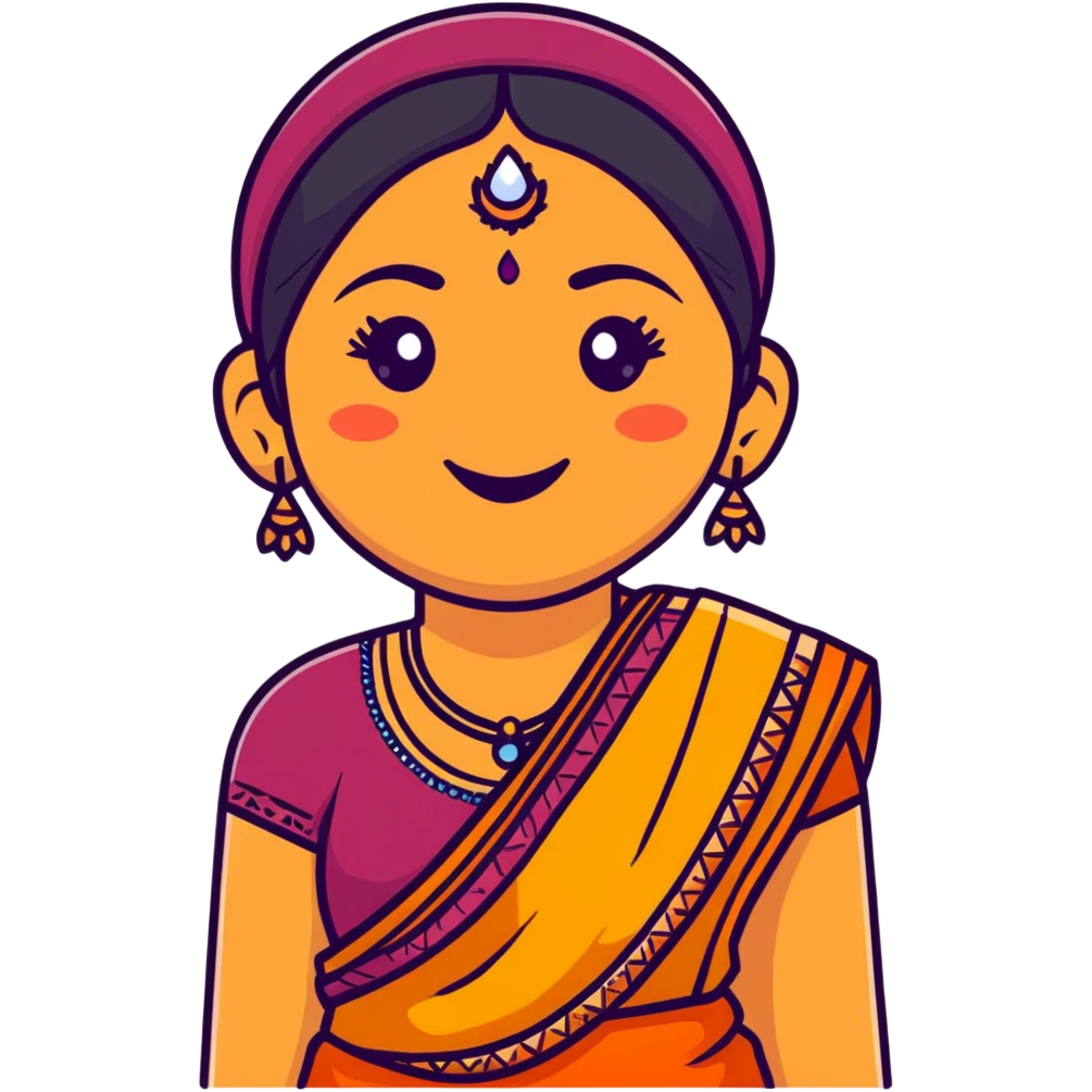 A cheerful Indian aunt (mausi) character with a plump face, smiling, wearing traditional Indian clothing and a bindi emoji