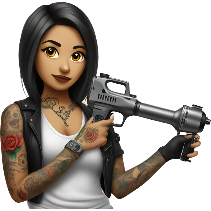 Tattoo artist with tattoo gun. The artist is Hispanic girl  emoji