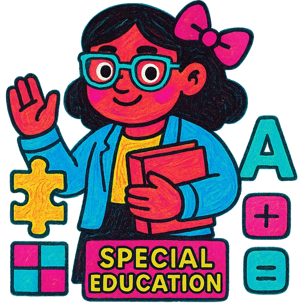 Add glasses to the special education teacher with a pink bow in her hair, maintaining the colorful cartoon style. emoji