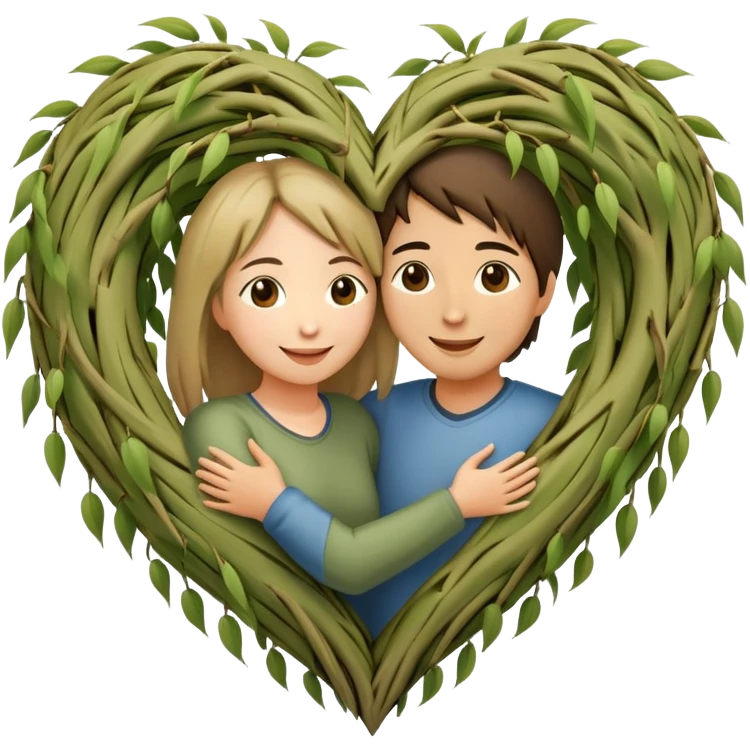 heart-shaped weeping willow tree with two people hugging inside the heart shape, with a small heart above them emoji