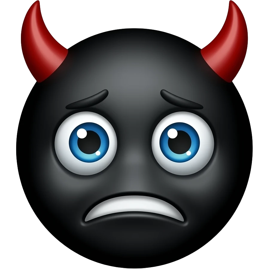 shy emoji  make the skin color black and make the eyes blue and make him with a smilebut the circle shy emoji not people the round shy emoji and also make the horns red and also add some horns on the head and make the shy emoji look sad emoji