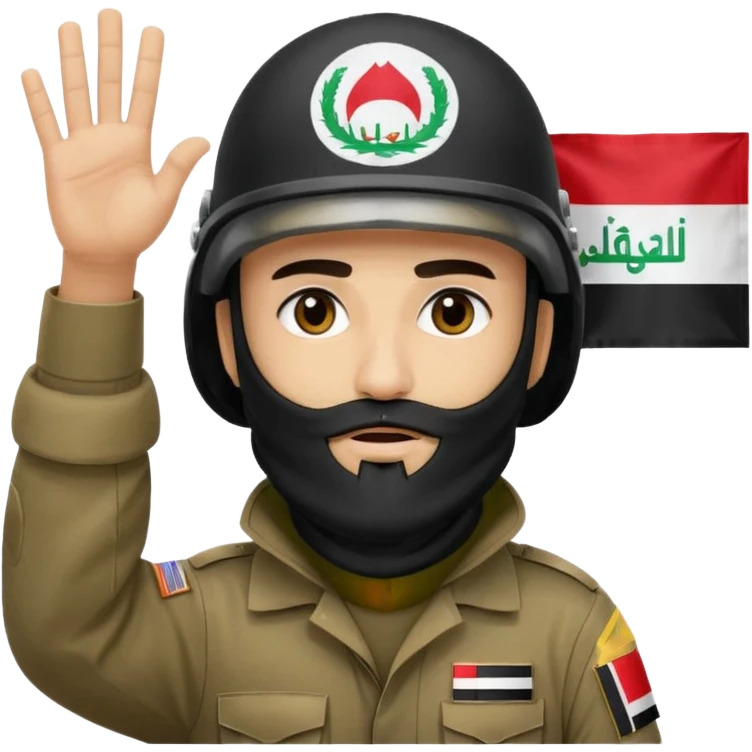 surrenders, depicts an Iraqi soldier from 1980, with a beard, in a helmet, a helmet with sign flag Iraq, with a balaclava, with sad eyes and both hands raised up emoji
