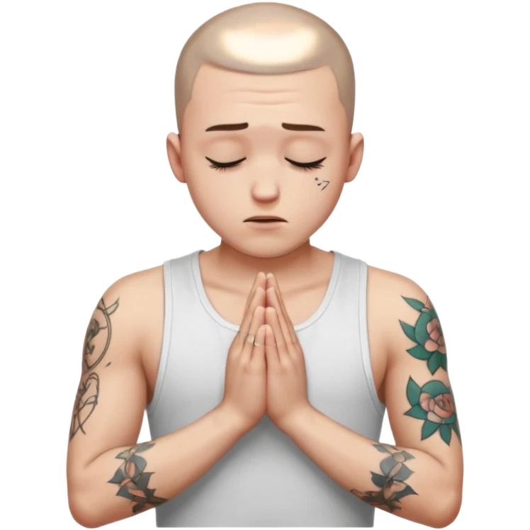 A 20 year old white man with a buzz cut and tattoos all over his arms and chest. Pleading face with hands praying wearing a white tanktop emoji