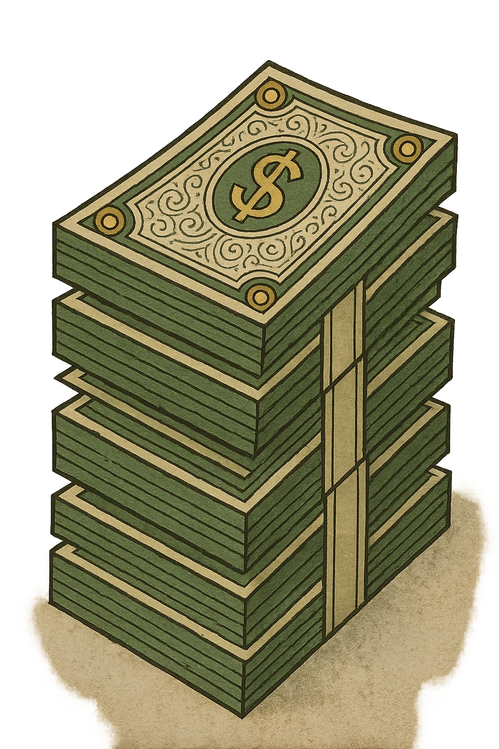 big stack of money, classic look, green gold and white color scheme, elegant lines, decorative details emoji