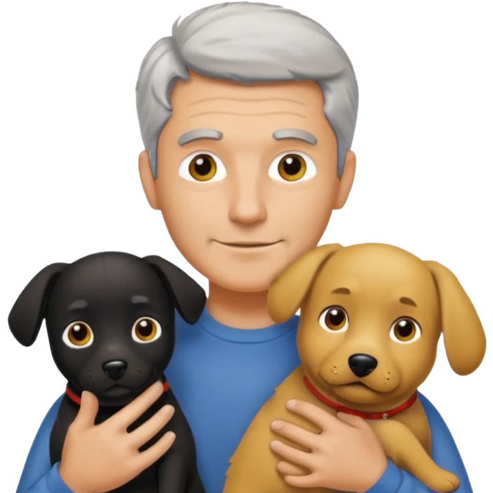 Italian man with no mustache and salt and pepper hair holding one black dog and one yellow dog emoji