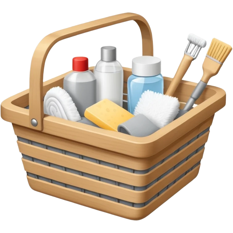 سلة تنظيف خشبية  بأغراض الوانها أبيض و رمادي  emoji