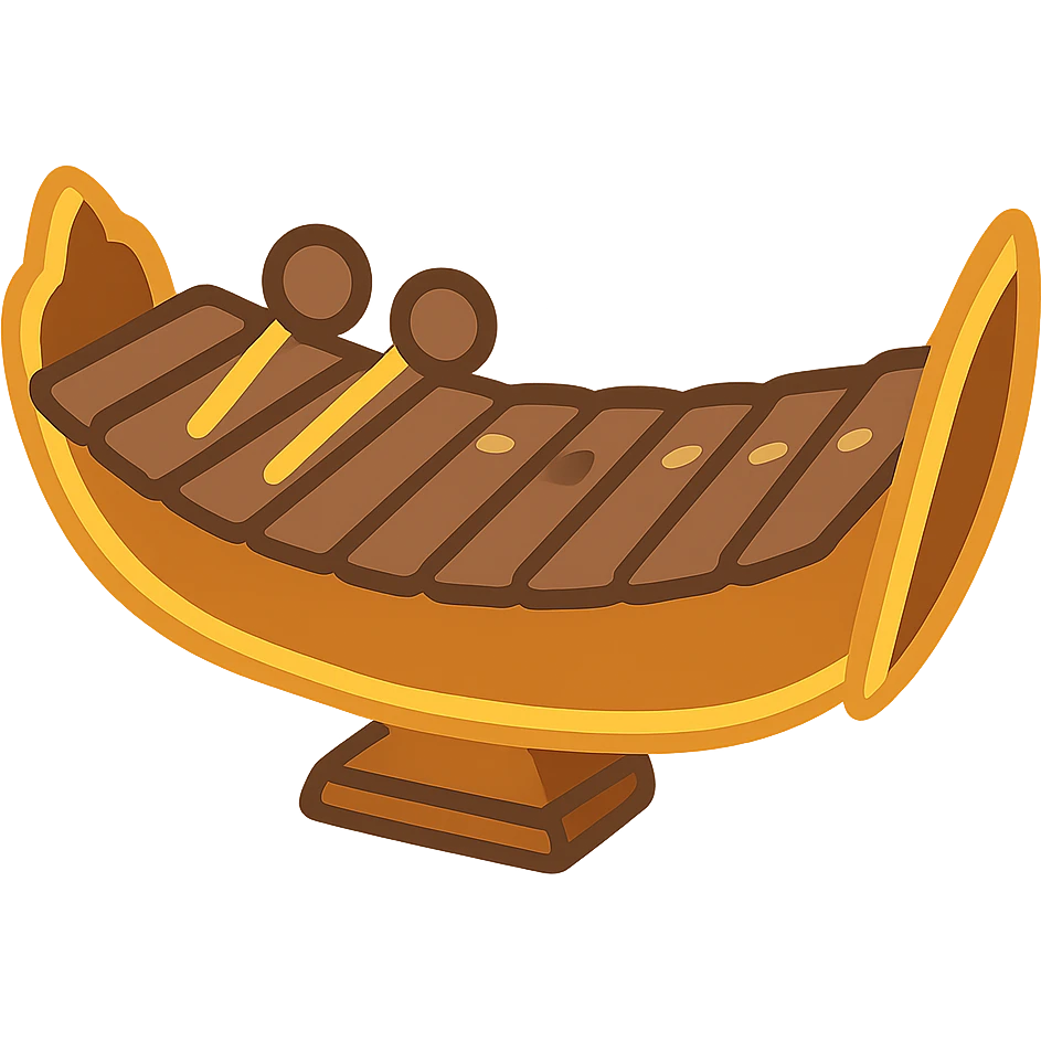 Convert this Thai xylophone into a simple, expressive emoji style. Emphasize the curved wooden shape and mallets, keep the design clear and iconic. Transparent background. emoji