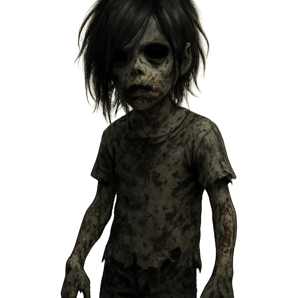 boy zombie with black emo-style long hair, creepy and scary, black eyes, dark skin, horror style emoji