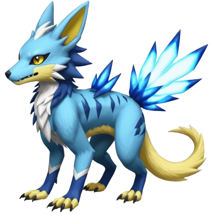 Sergal-Protogen-Trico-Renamon-Lombax-Zeraora-Vernid-fusion-hybrid-creature, drawn in a Pokémon/Digimon style emoji
