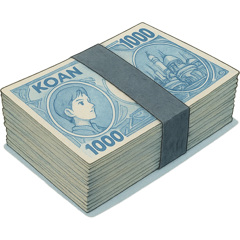 a neat bound stack of blue-and-white banknotes, koan bills , 90s futuristic, the band is dark gray emoji