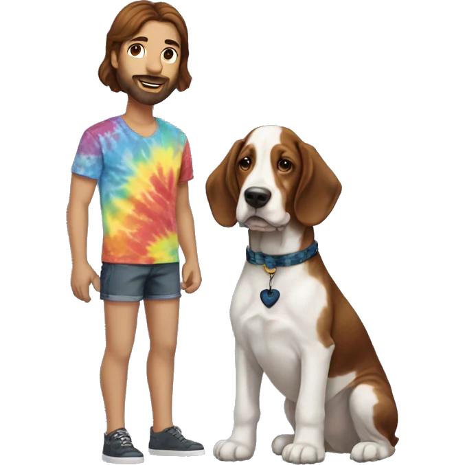 White male with dark brown hair and reddish brown beard wearing a tie-dyed shirt with a  Bassett hound female puppy  emoji