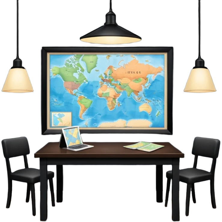 A dark room full of maps with table and over light ￼ emoji