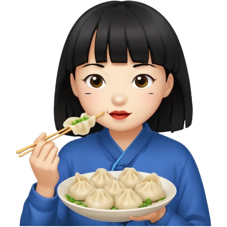 Person with black hair and bangs eating dumplings emoji