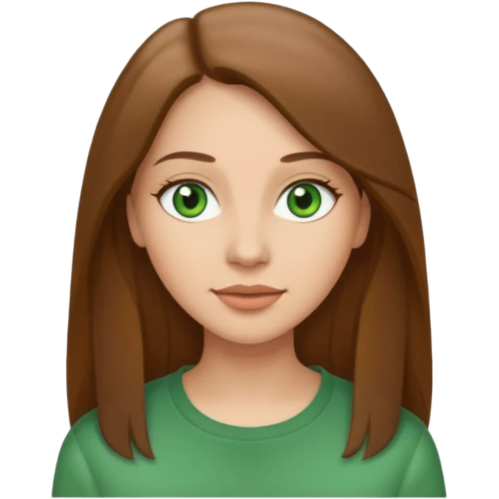 Adult woman avatar, light skin tone, oval face, straight long brown hair, green eyes, neutral mouth, casual  emoji