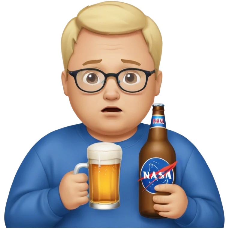  chubby weepy salesperson, beer bottle, complaining, blond short hair, 
receding hairline, blue nasa sweatshirt, with glasses, 40 years old emoji