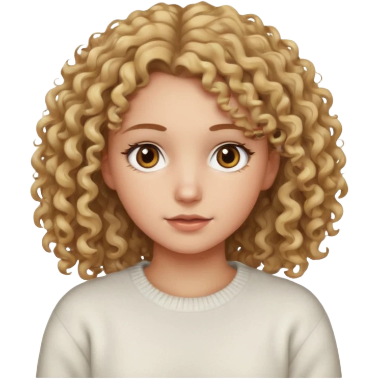 a dirty blonde girl with brown eyes and make her wearing a white sweater with curly hair and white skin color emoji