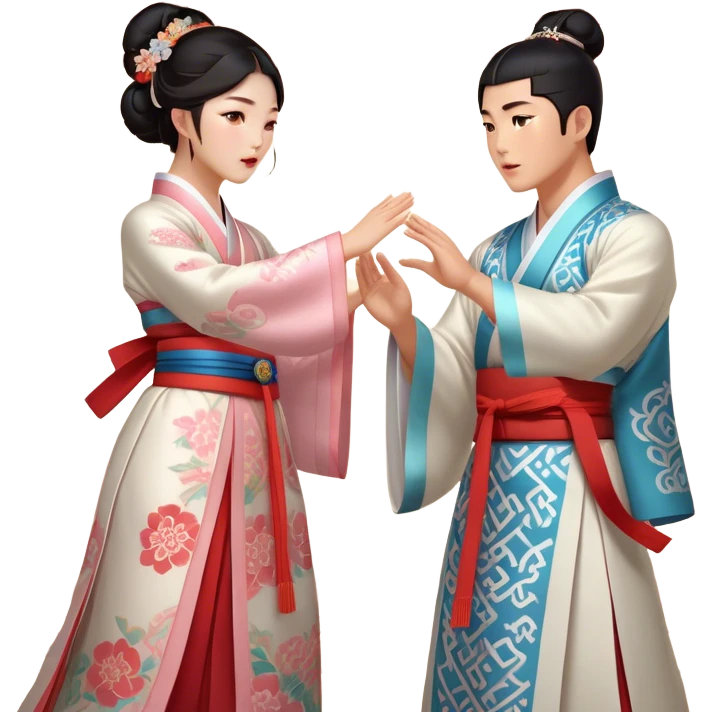 Cinematic Realistic scene of two performers engaging in Ganggangsullae, dressed in traditional Korean costumes with intricate patterns and graceful movements, illuminated by soft, festive lighting that accentuates the cultural ambiance emoji