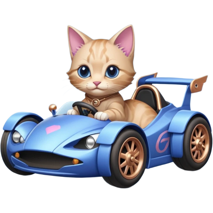 dark crystal blueberry and rosegold-accented cyber drift-racing car driven by a small cute relaxed kitten with rear spoiler, roll bar, and wheely bar emoji