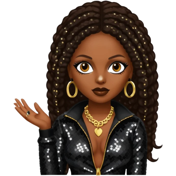 Foxy Brown, Rapper with dark brown hair, black sequin outfit emoji