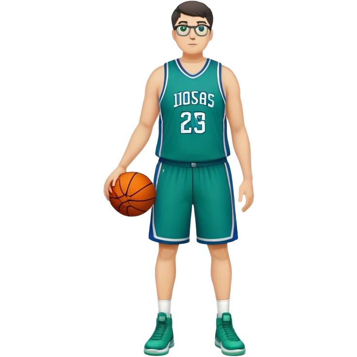 Full Body tall plus size white male with dark short hair basketball player wearing glasses wearing blue green uniform emoji