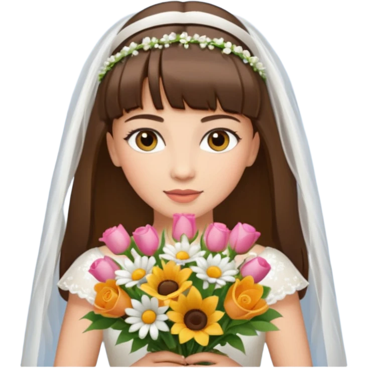 bride emoji with light skin, hazel eyes, brunette straight hair with bangs, holding a bouquet emoji