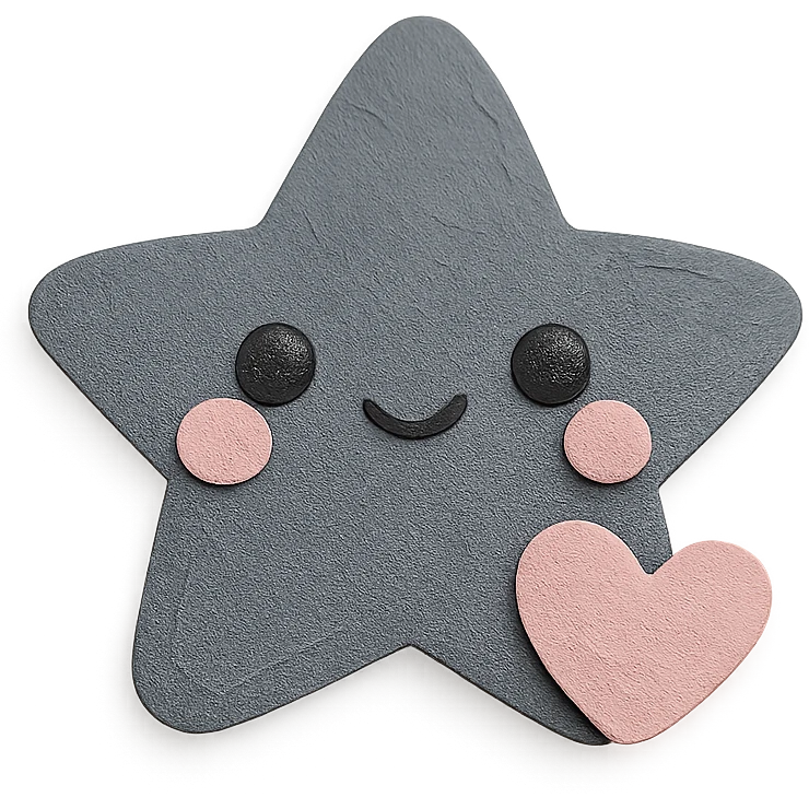 Cute pastel black star with a tiny pastel heart, no limbs, full body, transparent background, kawaii paper craft style. emoji