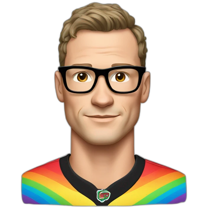 Jonathan Toews wearing glasses and rainbow clothes emoji