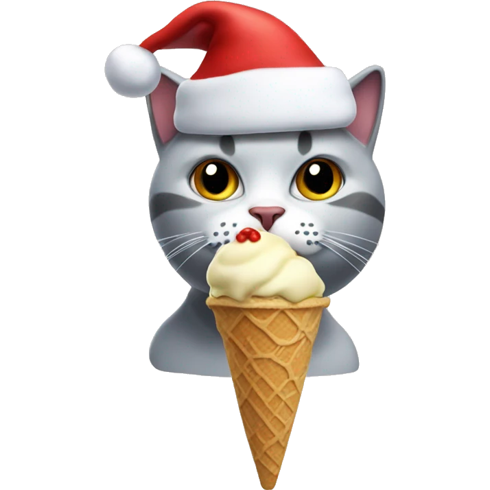 Cat eating ice cream wearing a Santa hat emoji