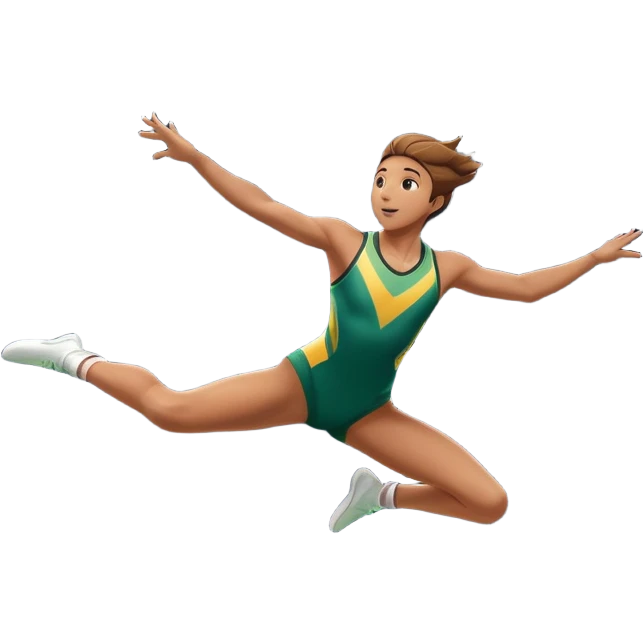 An athletic person soaring high above a trampoline, executing an acrobatic flip with perfect form. The scene captures motion and energy, with a dynamic pose, stretched limbs, and a focused expression. The background suggests a professional trampoline arena with safety padding. emoji