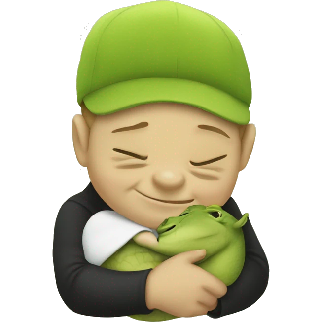 Baby wearing hat that says cobra kai while being hugged by shrek emoji