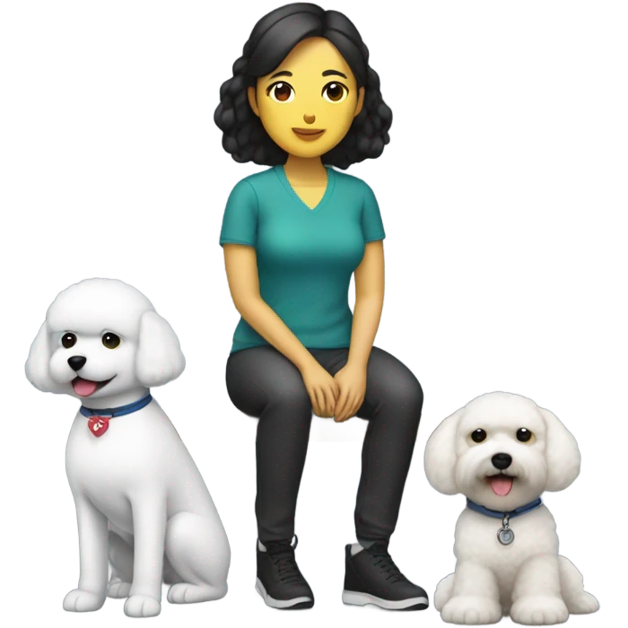 An Asian woman seated next to a service dog bichon emoji